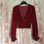 SheIn Clasi Red V-Neck Black Spotted Lantern Sleeve Blouse Photo 1