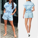 BLANK NYC  denim romper utility short sleeve button down pockets acid light wash Photo 6