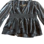 Le Serein Calais Smocked Mesh Long Sleeve Top Shirt Blouse Metallic Small NWT Gray Photo 9