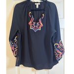 Neiman Marcus  Embroidered Blouse Black Long Sleeve Tunic Top Bohemian L Photo 3