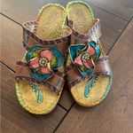 Corkys Elite Channel Hand Painted Leather Wedge Sandals Size 7 Artsy Boho Floral Tan Photo 1