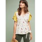 Anthropologie Meadow Rue Bon Voyage Floral Wrap Blouse Cream/Yellow Women sz 14 Photo 13