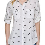 Karl Lagerfeld White Black Sunglasses Roll Tab Sleeve Button Up Collar Blouse XS Photo 0