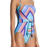 La Blanca  Sunset Multicolor Bandeau Belted Tie Waist Stripe One Piece Swimsuit 4 Photo 0