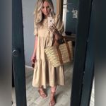 ZARA Asymmetric Puff Sleeve Tiered Cotton Poplin Midi Dress in Camel Size XS Photo 7