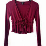 Forever 21  Burgundy Ribbed Peplum Tie Front Long Sleeve Top Size Small Photo 0