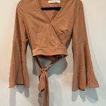 Vorkerry Brown Wrap Blouse with Flared Sleeves Tan Size 10 Photo 0