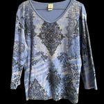 Jess & Jane Large 3/4 Sleeve V Fantasia Boho Tunic Artsy Rhinestone Top Blue USA Photo 0