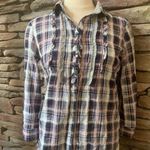 ZARA Basics Women’s Ruffled Navy White Plaid Button Up collared neck 3/4 sleeves Photo 0