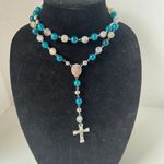 None Blue Chalcedony Stone Miraculous Medal Rosary 3D Crucifix Catholic Silver Bead Photo 2