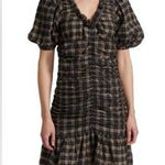 Ganni  Ruched Seersucker Mini Dress Plaid Tan Black beige puff sleeves neutral Photo 0