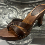 MIA  Vintage Y2K Cross Strap Leather Wooden Heeled Sandals Made in Brazil Sz 7 Photo 0