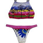 NEW Salinas L Runway High Neck Bikini Set MultiColor Palm Birds Swim Top Bottom Pink Size L Photo 1