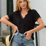 SheIn  Black V Neck Eyelash Lace Trim Top S Photo 0