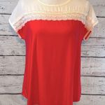 Faith and joy Blouse Tie Back w Lace Trim White/Bright Coral-PM Photo 0