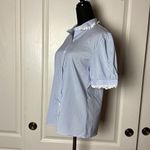 DAINTY BLUE PINSTRIPE LACE TRIM BUTTON UP COLLARED BLOUSE Size M Photo 1