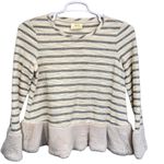 Maeve  x Anthropologie Astor Fur-Trimmed Top Cream Gray XS Stripes Long Sleeve Photo 7