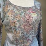 Vintage Y2K MD Boho‎ Floral Script Scoop Neck Top Rhinestones Feminine Romantic Blue Size M Photo 1