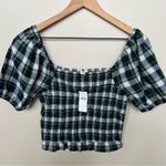 American Eagle  NWT Trendy Plaid Puff Sleeve Top Green Navy White Smocked Crop Photo 3