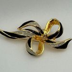 1980s Gold Plated Black Enamel Sparkly Diamanté Bow Brooch Party Evening Outing Photo 4