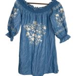 ZARA  Off The Shoulder Embroidered Denim Chambray Floral Mini Dress XS Blue White Photo 10