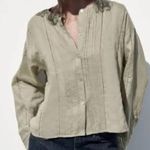 ZARA  Ramie Blouse Top XS UK 6 8 Sage Green Button Front Boho Peasant Minimalist Photo 0