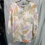 Tahari  100% Linen Button Front Blouse 2X Tropical Leaf Print‎ Long Sleeve Top Photo 10
