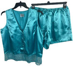 Aqua Blue Satin Feel Sleeveless Button Lace Top Shorts Pajama Set 1XLT Size 1X Photo 0