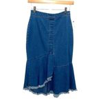 Yumi Kim Yumi Anthropogie Women’s Asymmetric Raw Frayed Hem Denim Peplum Midi Skirt Blue Photo 1