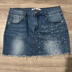 Authurna Denim Blue Pearled Mini Distressed Summer Skirt 5 Photo 2