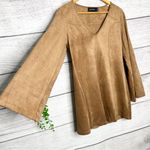 Mink Pink Tan Faux Suede Long Bell Sleeve Open Shoulder Mini Dress Size Medium Photo 3