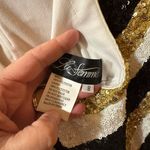 La Femme  white, gold, & black striped sequin open back one shoulder gown Photo 1