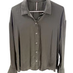 Free People Size S Olive Green Button Down Blouse Big Cuff Silky Career Minimal Photo 0