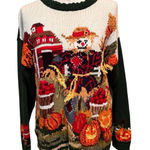 Tiara International Vintage Tiara Int'l Fall Sweater Medium Scarecrow Pumpkin Farm Knit Cottage Photo 0
