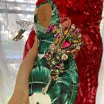 Green and cream tropical leaf sandals w rhinestone brooch Elya approx 7 unsized Photo 2