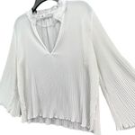 ZARA  Blouse Womens S White Pleated 3/4 Bell Sleeve Fringe V Neck Semi Sheer Top Photo 1