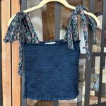 Koch  navy smocked crop top tie straps bows floral cece satin stretchy flowers Photo 1