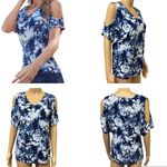 Venus  Blue Tie Dye Rayon Blend V Neck Cold Shoulder Short Sleeve Top Womens M Photo 1