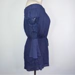 Blush HINT OF  Navy Blue Floral Crochet Off The Shoulder Romper Small NWT Photo 6