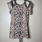 First Love 𝅺Waffle Leopard Cold Shoulder Cutout Self Tie Dolman Flutter Sleeves Brown top Photo 2