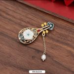 Vintage style Chinese Pipa Brooch‎ with Pearl Dangle, Cloisonné Style, 4.6x2cm Gold Photo 1