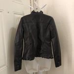 Oleg Cassini  Whimsygoth Dark Brown faux leather ruffle front jacket coat top long sleeve cargo babydoll pockets Size M-measurement in pics Great condition Photo 2