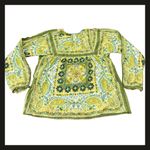 Bila Boho Peasant Top Women’s Medium Paisley Floral Green Yellow 100% Cotton EUC Photo 8