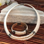 Pearl & Leather Choker & Bracelet Sterling Silver White Photo 0