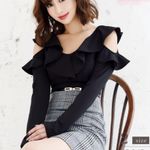 Jfashion Kawaii Gyaru Black Grey Cutout Ruffle Plaid Bodycon One Photo 4