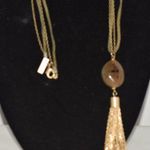 Source Unknown Vtg. INC Green Leather/Gold Tone Double Layer 5" Brown Stone Tassel 36" Necklace Photo 0