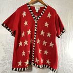 Quacker Factory  Sweater Large Red Star Stripe Sequin Flag Cardigan Short Sleeve Photo 11