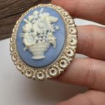Western Germany Blue Floral Arrangement Cameo Brooch Pin Gold Tone Vintage Photo 7