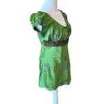 Y2K Crinkle Satin Blouse Babydoll Top Green Floral Lace Trim Womens Size XL Photo 3
