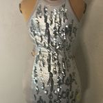 Bebe Silver Sequin Textured Halter Open Cutout Back Top Dress Cocktail FLAW Photo 0